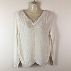 Magaschoni Ribbed Lace Trim V Neck Sweater Size Small